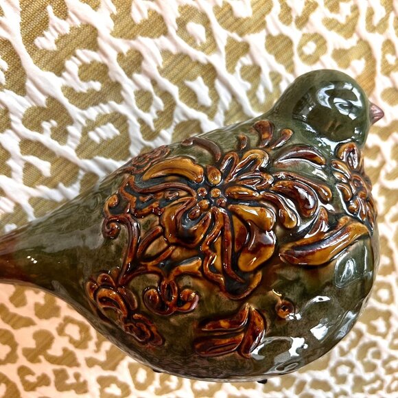 Handcrafted Ceramic Bird Sculpture With Intricate Floral Patterns - Earth Tones - Picture 10 of 12